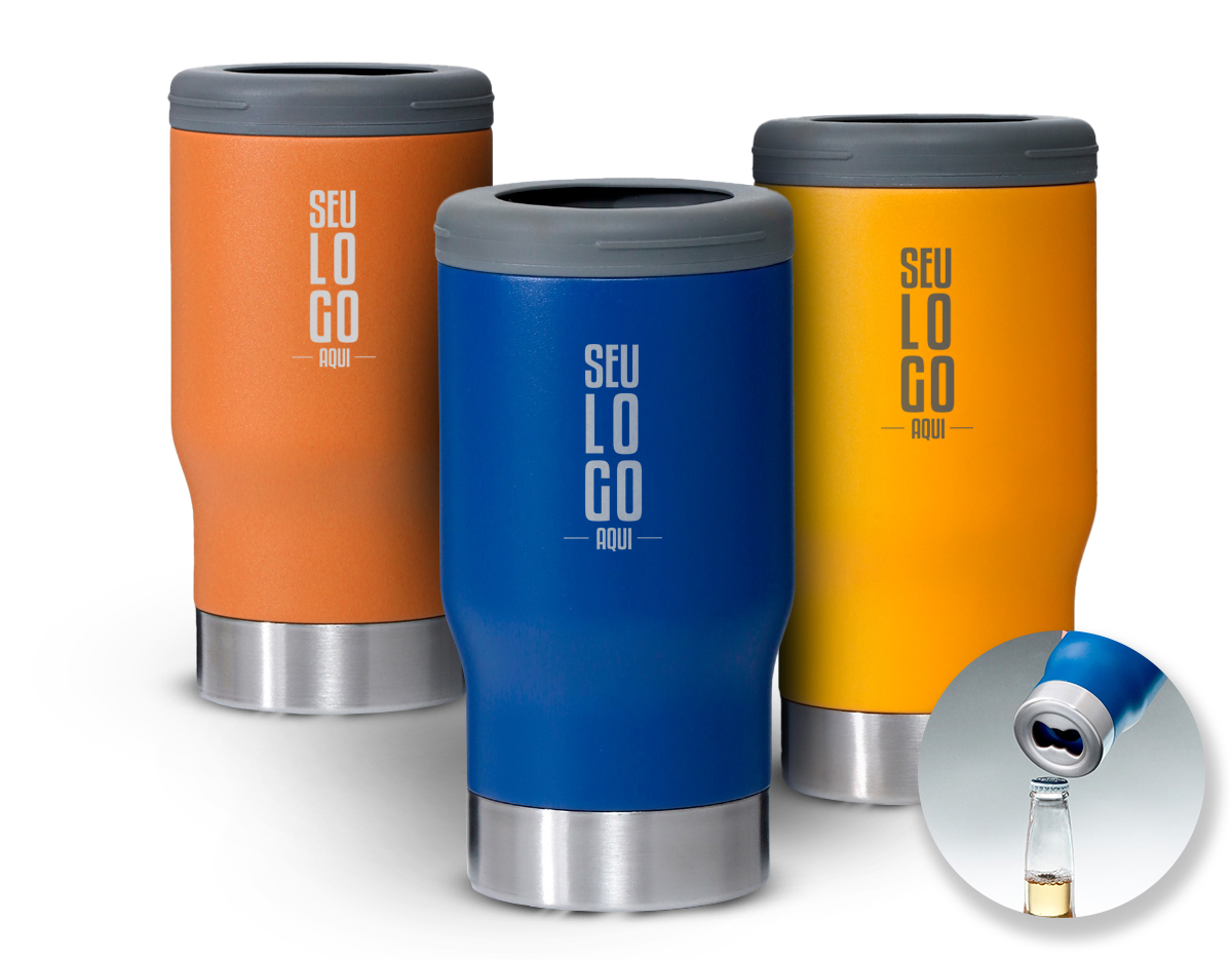 Copo térmico multiuso com parede dupla em inox, capacidade de 380ml. Pode ser utilizado como copo, porta long neck ou porta lata. Contém abridor de garrafa na parte inferior do copo.