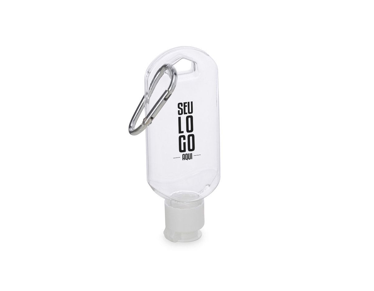 Frasco plástico com capacidade de 55ml, contém tampa branca com encaixe rosqueável e acompanha chaveiro mosquetão para transporte.