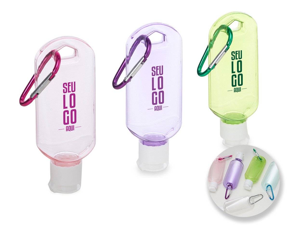 Frasco plástico com capacidade de 55ml, contém tampa branca com encaixe rosqueável e acompanha chaveiro mosquetão para transporte.