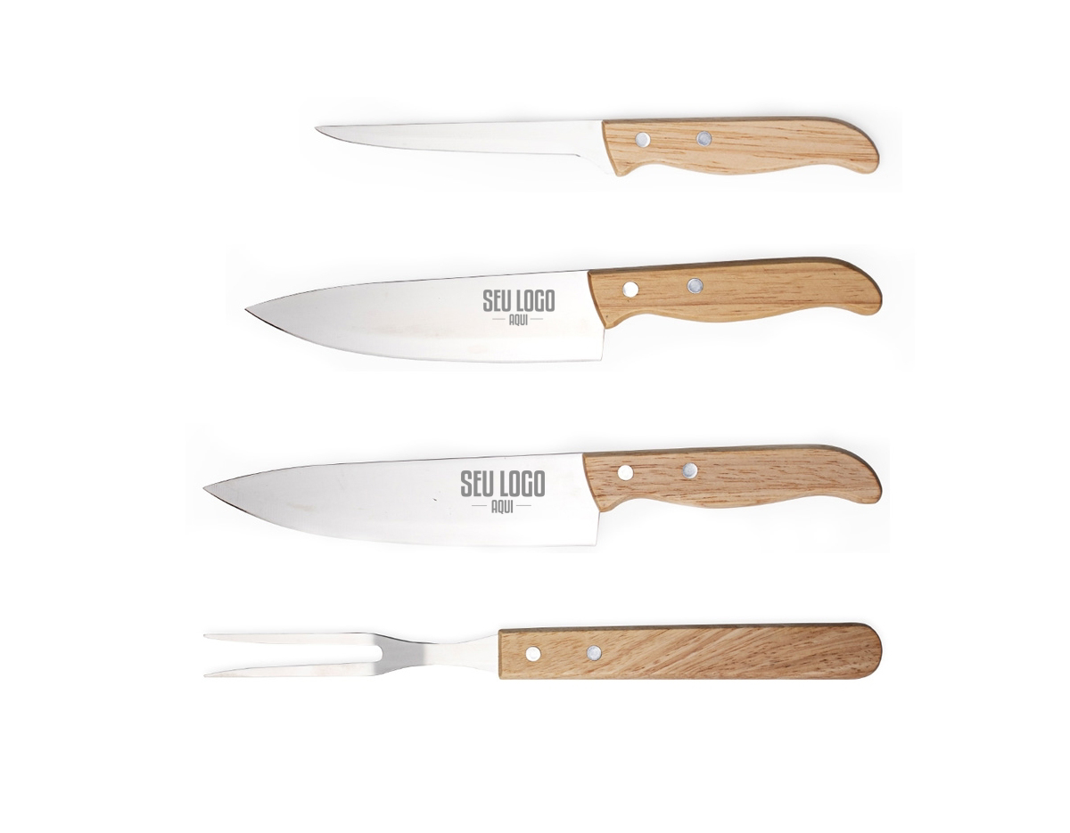 Kit churrasco em estojo de madeira, composto por três facas e um garfo. As facas são fabricadas em aço inoxidável de alta qualidade, garantindo durabilidade e precisão no corte de carnes. O garfo possui pontas afiadas para manuseio seguro dos alimentos durante o churrasco. O estojo de madeira oferece proteção e organização às peças, facilitando seu armazenamento e transporte. Ideal para entusiastas da culinária ao ar livre.
