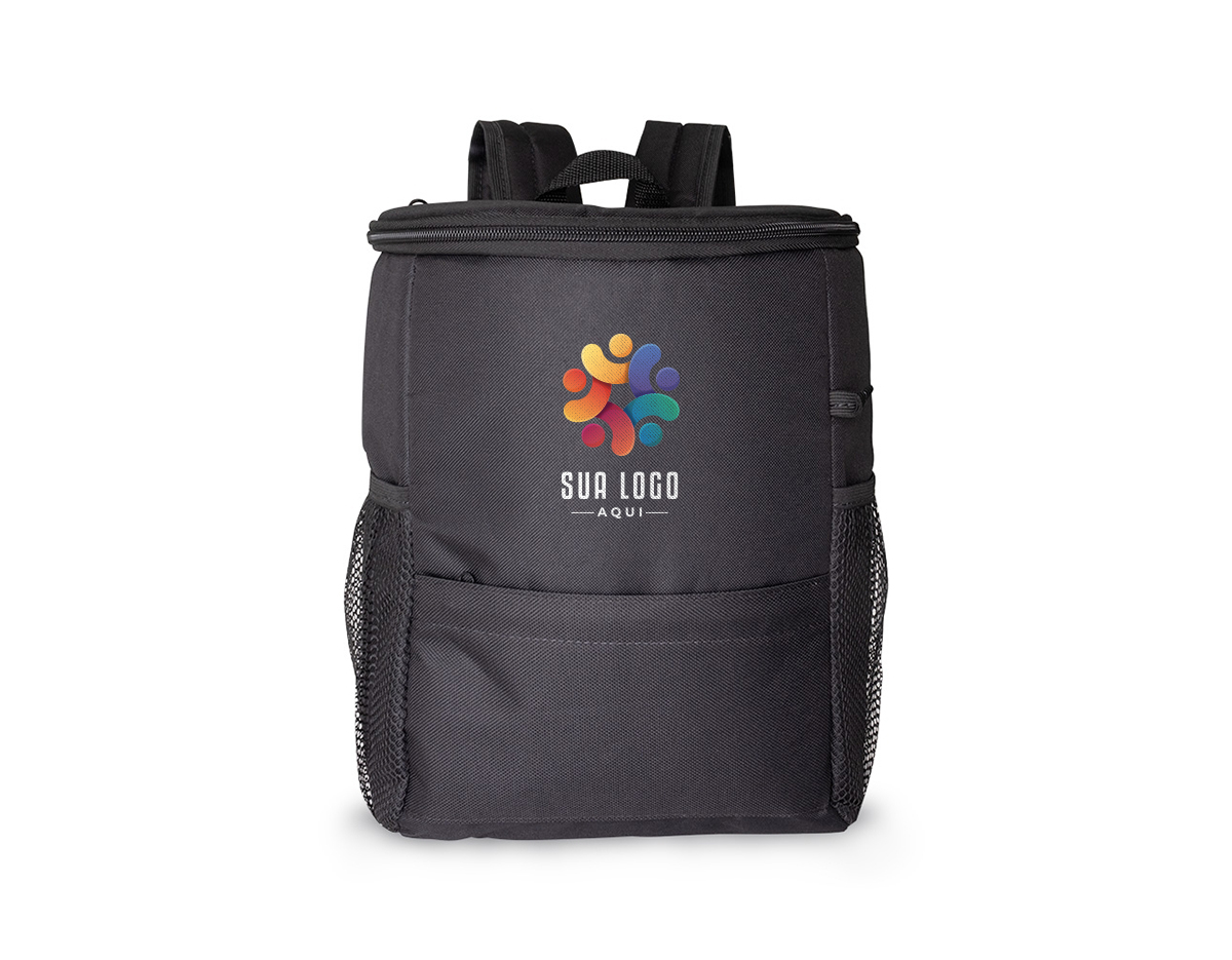 Mochila térmica 10L confeccionada em nylon, possui três compartimentos, sendo o principal térmico com saco antivazamento, um exclusivo com proteção antifurto e bolsos laterais telados.