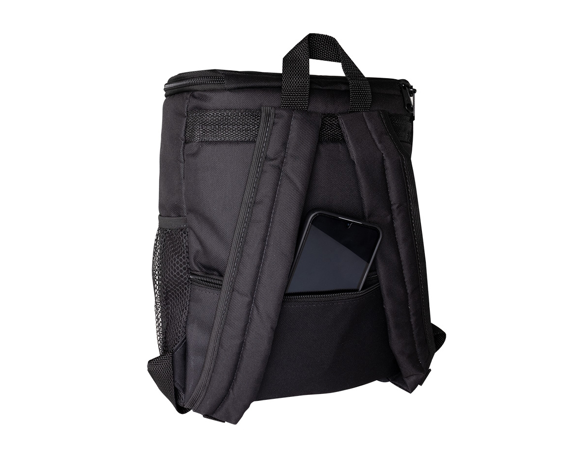 Mochila térmica 10L confeccionada em nylon, possui três compartimentos, sendo o principal térmico com saco antivazamento, um exclusivo com proteção antifurto e bolsos laterais telados.