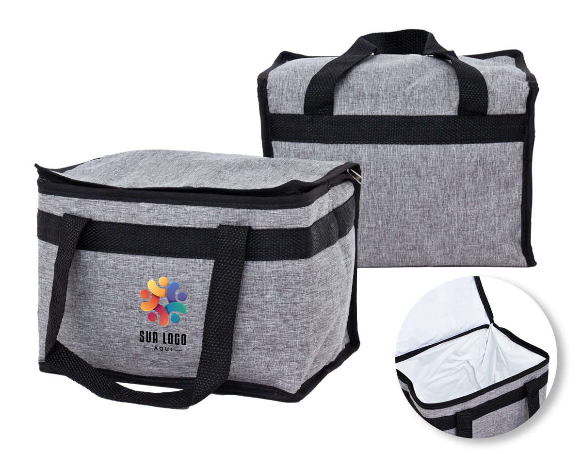 Bolsa térmica 13 litros confeccionada em poliéster, contém revestimento interno em polietileno atóxico soldado (não vaza) e alça para mãos.