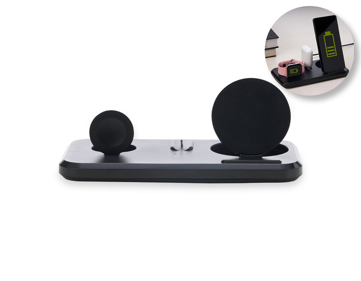 Estação de carregamento 3 em 1 para celular, iwatch e fones com entrada Lightning. Com sistema de carga por indução rápida, a estação permite o carregamento sem fio de celulares e iwatchs habilitados com estas tecnologias, além destes suportes, a estação conta ainda com um carregador para fones através do conector Lightning. Sua base contém tapetes de silicone antiderrapantes. Acompanha cabo USB tipo-C.
