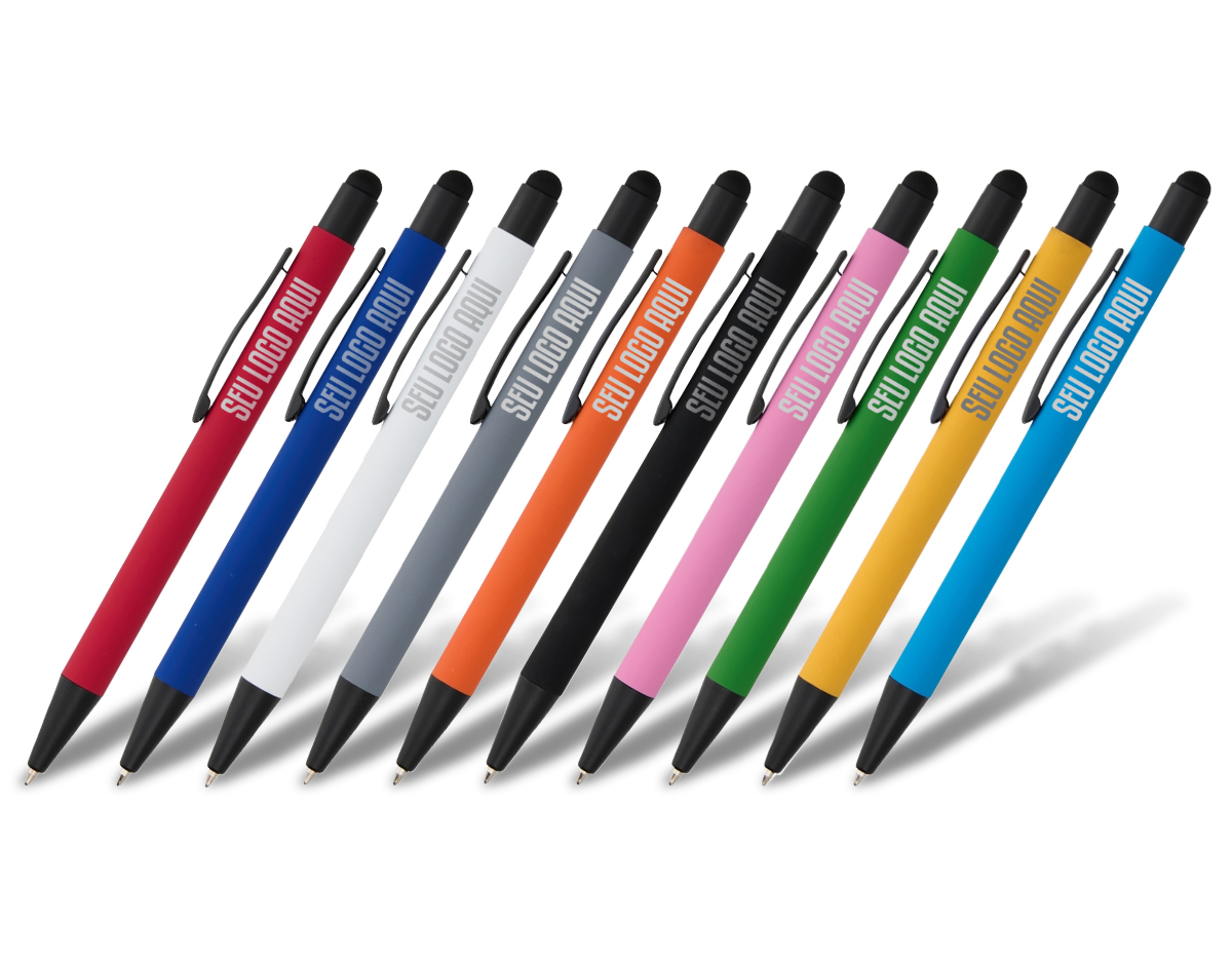 Caneta touchscreen metálica, acabamento emborrachado, acionamento por clique, e carga esferográfica azul de 1.0mm. Ideal para escrever com precisão em dispositivos touchscreen e papel.