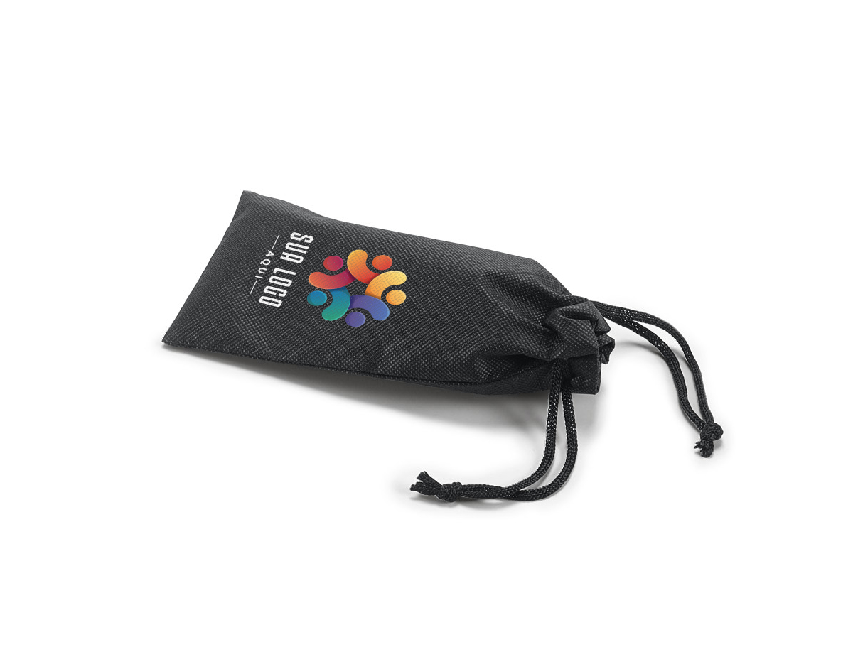 Bolsa para óculos feita de non-woven (80 g/m²), com cordão, dimensões 90 x 200 mm. Prática e leve, ideal para proteger seus óculos com estilo e facilidade de transporte.