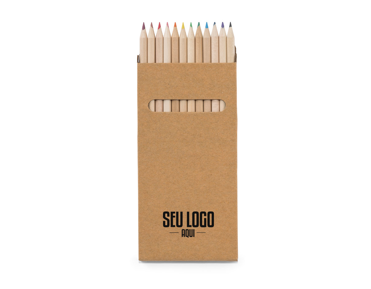 Caixa de cartão com 12 lápis de cor. Produto certificado de acordo com a portaria Inmetro nº423 de 8/out/2021. 90 x 180 x 9 mm