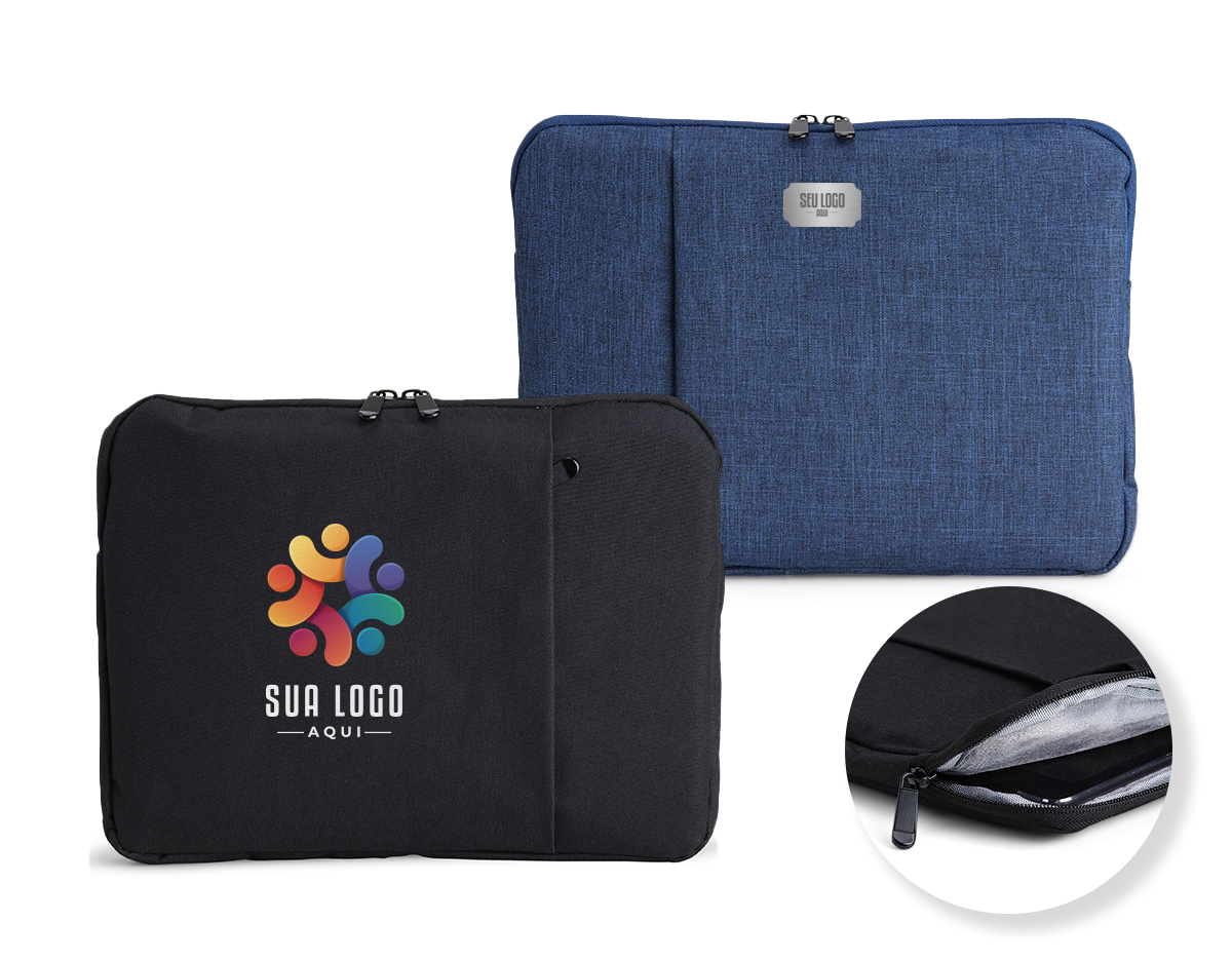 Pasta para tablet e notebook 12,4 em poliéster resistente à água com dois compartimentos e parte interna com estofamento aveludado.