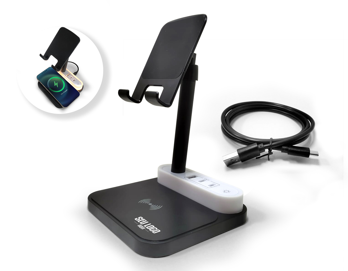 Base de carregamento com suporte retrátil para celular e luminária integrada. Com opções de carregamento via indução ou via cabo, nossa base é prática e funcional. Produzida em plástico com apoios antideslizantes, a base possui duas entradas Tipo-C, uma entrada USB e uma saída Tipo-C. Acompanha um cabo USB Tipo-C. OBS.: A BASE APENAS TRANSFERE CARGA, ELA NÃO POSSUI BATERIA PARA ARMAZENAMENTO (NÃO É UM POWER BANK).
