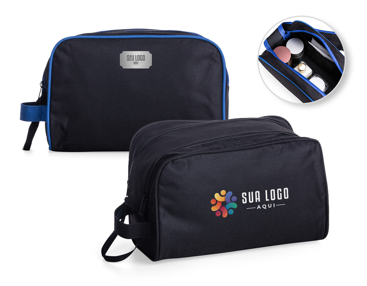 A nécessaire de poliéster é prática e versátil, equipada com alça lateral para transporte conveniente. Apresenta dois compartimentos com zíperes interligados por cordão, além de um bolso interno para organização adicional. Ideal para viagens e uso diário, proporcionando funcionalidade com estilo.