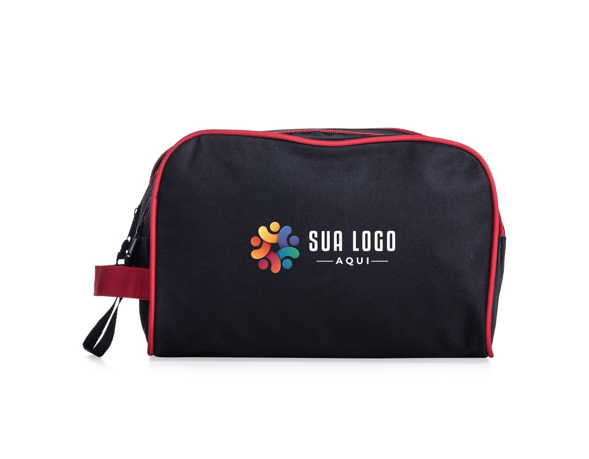 A nécessaire de poliéster é prática e versátil, equipada com alça lateral para transporte conveniente. Apresenta dois compartimentos com zíperes interligados por cordão, além de um bolso interno para organização adicional. Ideal para viagens e uso diário, proporcionando funcionalidade com estilo.