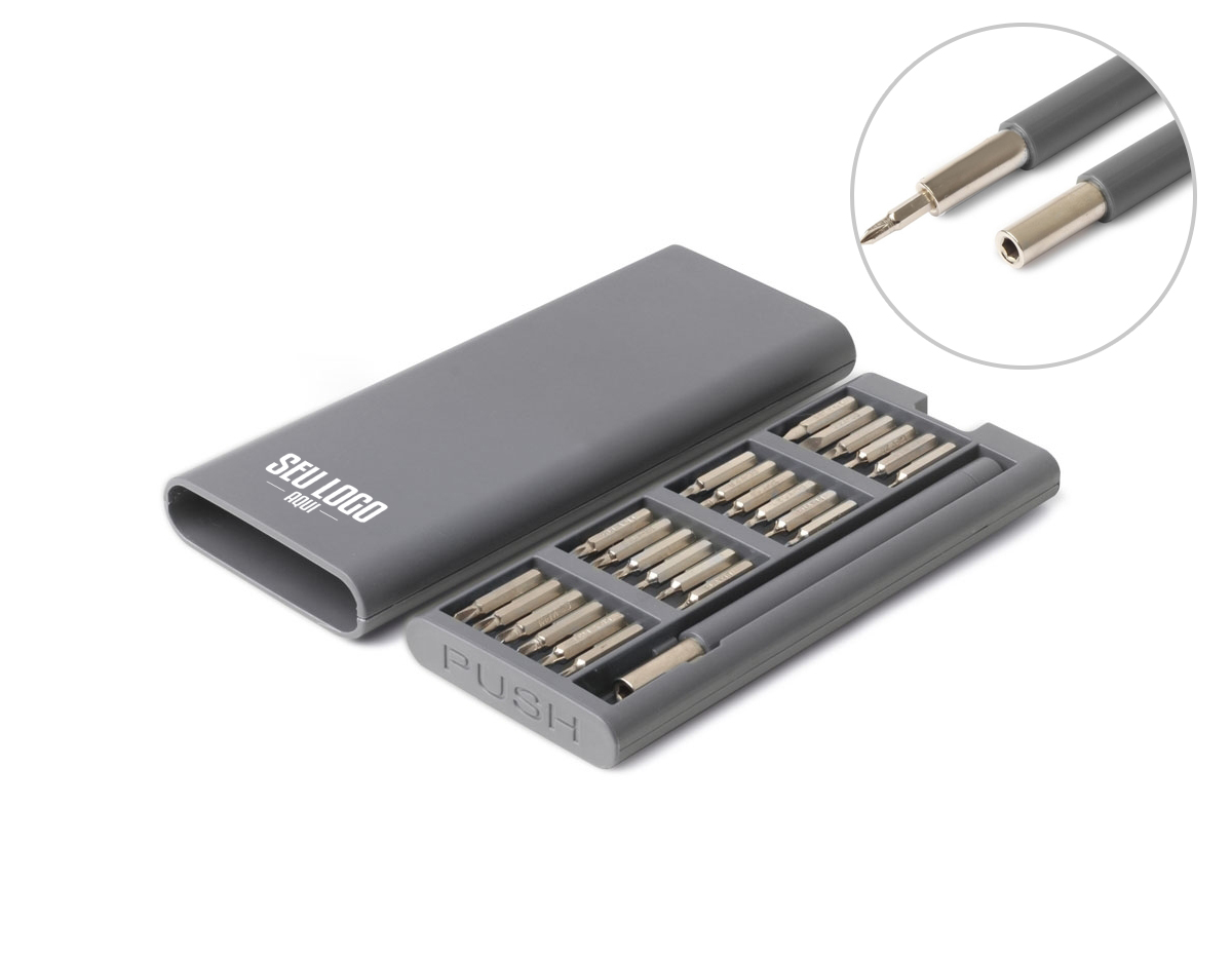 Kit ferramentas 25 peças em estojo de plástico ABS com abertura em clique. Acompanha: 5 ponteiras Philips, 1 ponteira Y, 6 ponteira Torx, 6 ponteira Allen, 5 ponteiras Fenda e 1 Fenda U em aço inox e chave para manuseio com encaixe imantado.