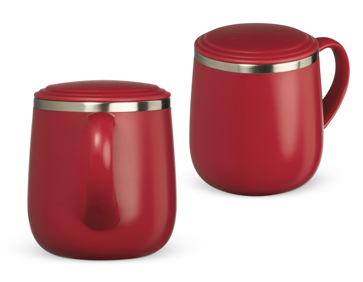 Caneca 370ml parede dupla em Inox, com pegador de plástico, contém tampa plástica para vedação e base com EVA antiderrapante.
