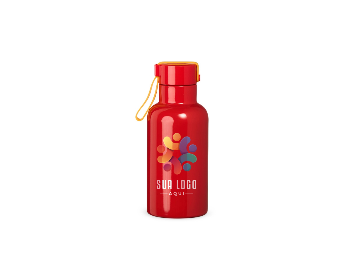 Garrafa térmica de inox com capacidade de 380 ml. Possui tampa rosqueável e alça colorida de silicone acoplada, oferecendo praticidade e estilo no transporte de bebidas quentes ou frias.