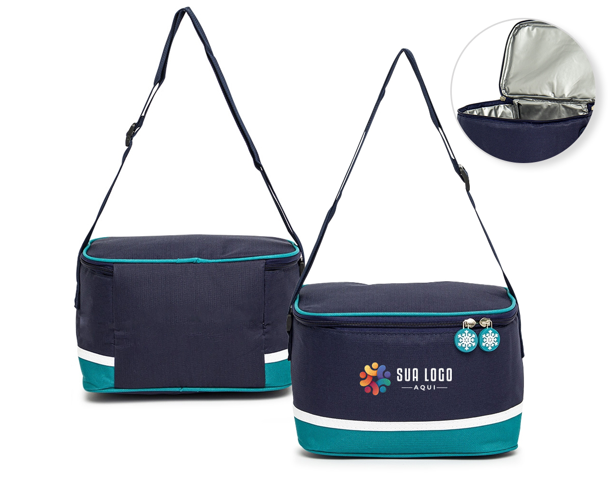 Bolsa térmica de nylon com capacidade de 7 litros, revestida internamente com material térmico soldado, garantindo proteção antivazamento. Inclui alça transversal para fácil transporte.