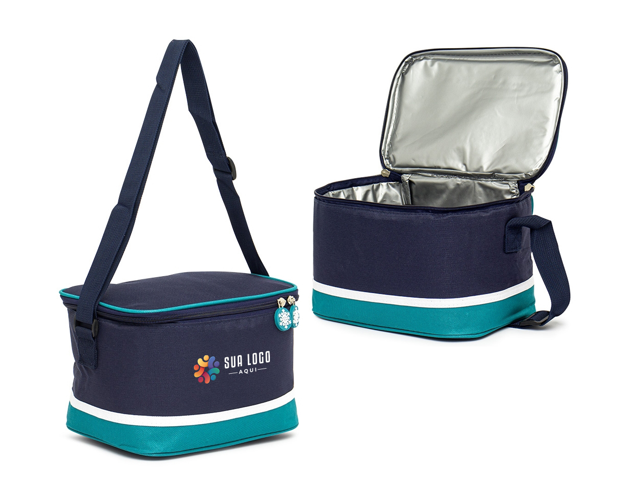 Bolsa térmica de nylon com capacidade de 7 litros, revestida internamente com material térmico soldado, garantindo proteção antivazamento. Inclui alça transversal para fácil transporte.