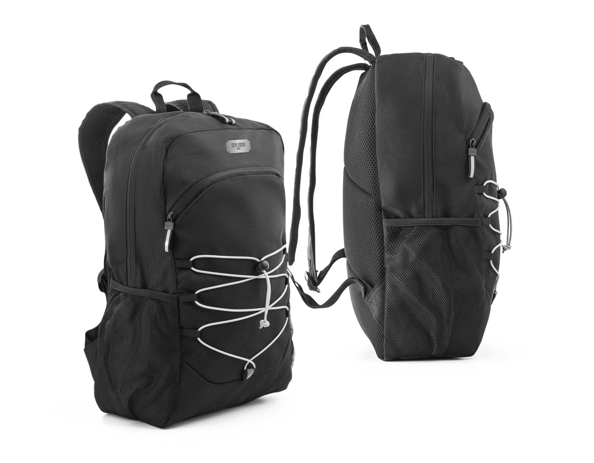 Mochila para notebook em 300D e 600D, ambos em poliéster reciclado (100% rPET) com elementos refletores. Possui 1 compartimento principal com 1 bolso multifuncional e bolso para notebook portátil até 15.6". Bolso frontal com zíper, 2 bolsos laterais em tela mesh e um elástico na frente para transporte de diferentes objetos. A parte posterior e alças são almofadadas. Capacidade até 18 L. 320 x 450 x 140 mm