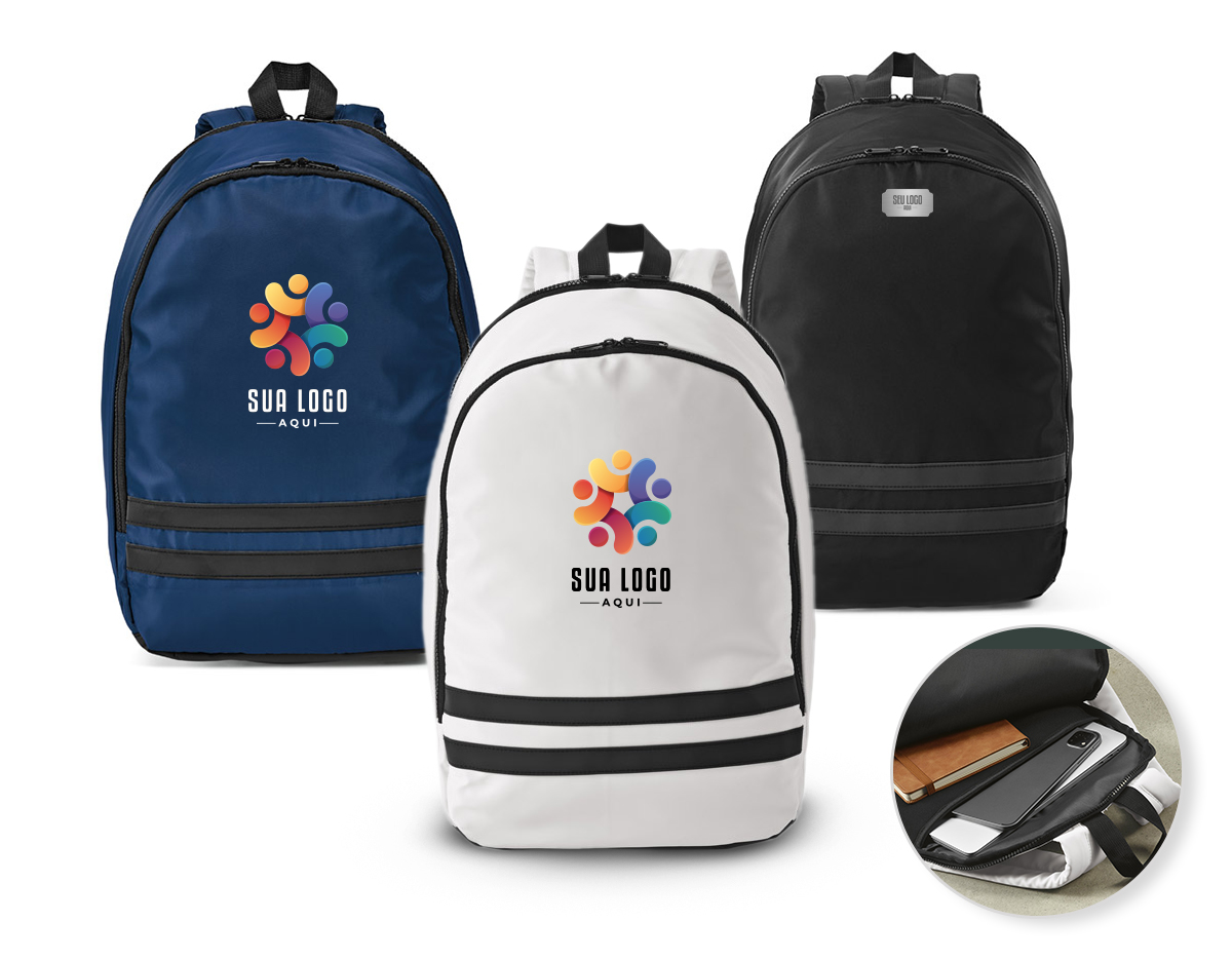 Mochila em 290T poliéster reciclado (100% rPET), em sarja com forro em 210D poliéster reciclado (100% rPET). Contém compartimento posterior com divisória para notebook até 15" e compartimento frontal totalmente forrado. Parte posterior e alças almofadadas. Contém duas faixas pretas refletoras na parte frontal. Capacidade até 18 L. 300 x 470 x 150 mm