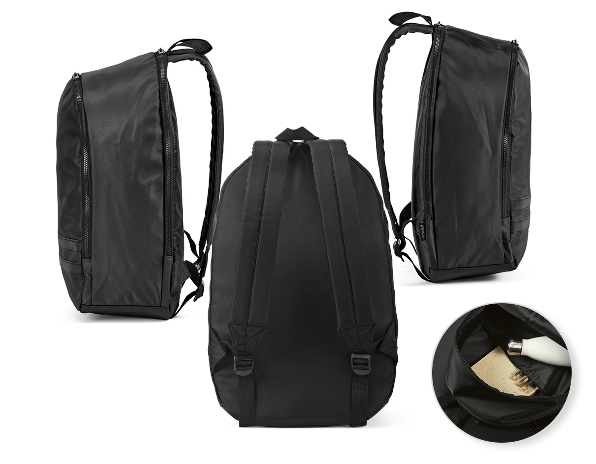 Mochila em 290T poliéster reciclado (100% rPET), em sarja com forro em 210D poliéster reciclado (100% rPET). Contém compartimento posterior com divisória para notebook até 15" e compartimento frontal totalmente forrado. Parte posterior e alças almofadadas. Contém duas faixas pretas refletoras na parte frontal. Capacidade até 18 L. 300 x 470 x 150 mm