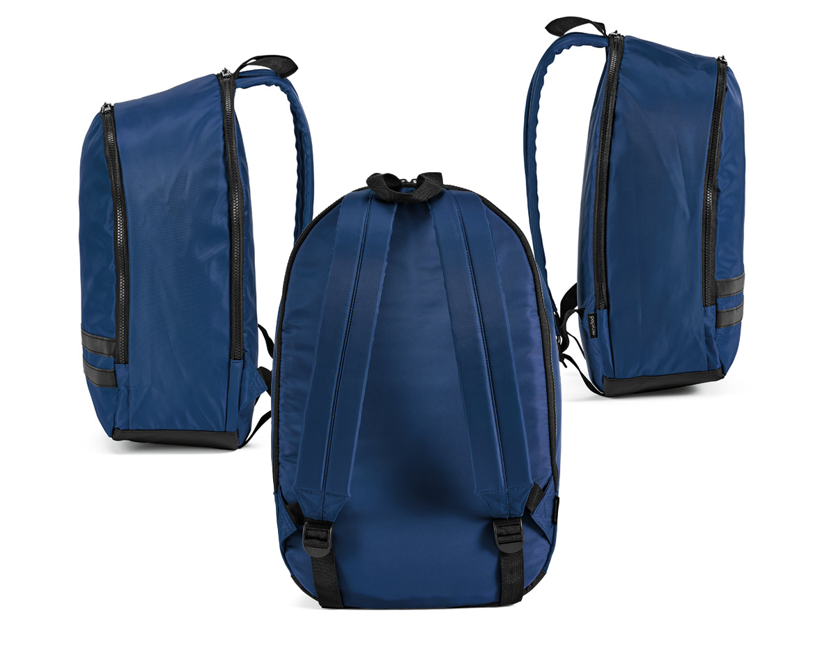 Mochila em 290T poliéster reciclado (100% rPET), em sarja com forro em 210D poliéster reciclado (100% rPET). Contém compartimento posterior com divisória para notebook até 15" e compartimento frontal totalmente forrado. Parte posterior e alças almofadadas. Contém duas faixas pretas refletoras na parte frontal. Capacidade até 18 L. 300 x 470 x 150 mm