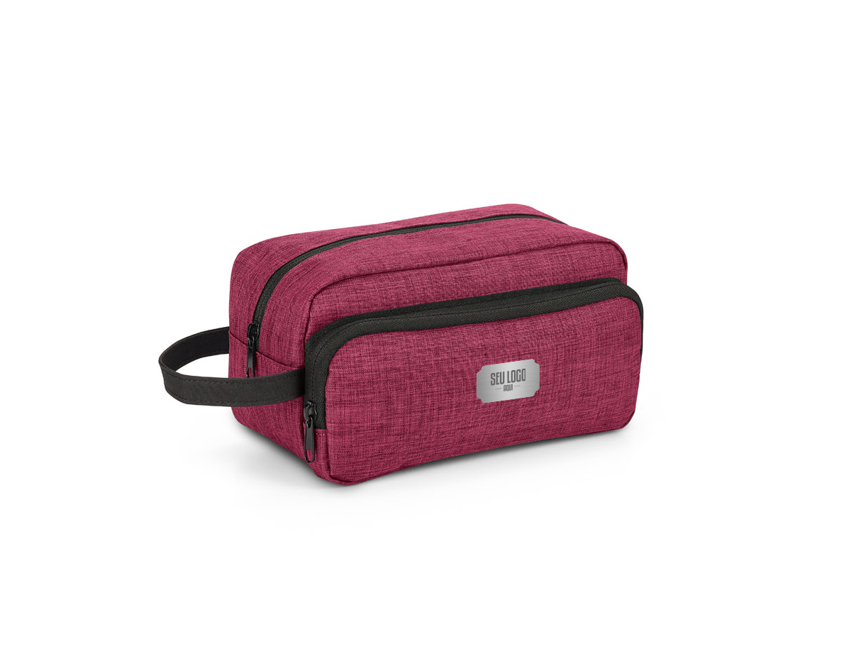 Bolsa de cosméticos em tecido 300D de alta densidade, com dimensões de 220 x 115 x 115 mm. Possui alça para transporte, bolso frontal com zíper e interior forrado, ideal para organizar e proteger seus itens de beleza.