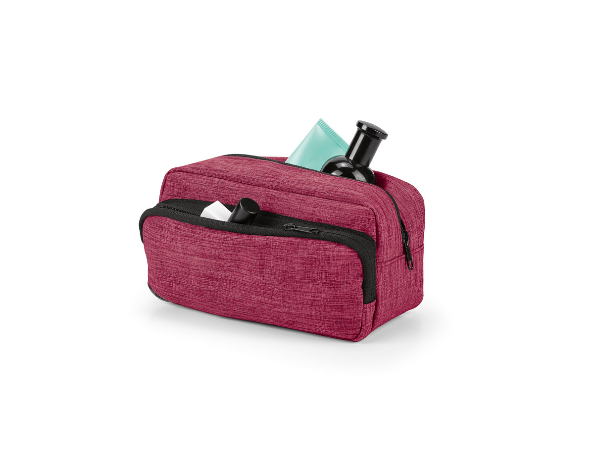 Bolsa de cosméticos em tecido 300D de alta densidade, com dimensões de 220 x 115 x 115 mm. Possui alça para transporte, bolso frontal com zíper e interior forrado, ideal para organizar e proteger seus itens de beleza.