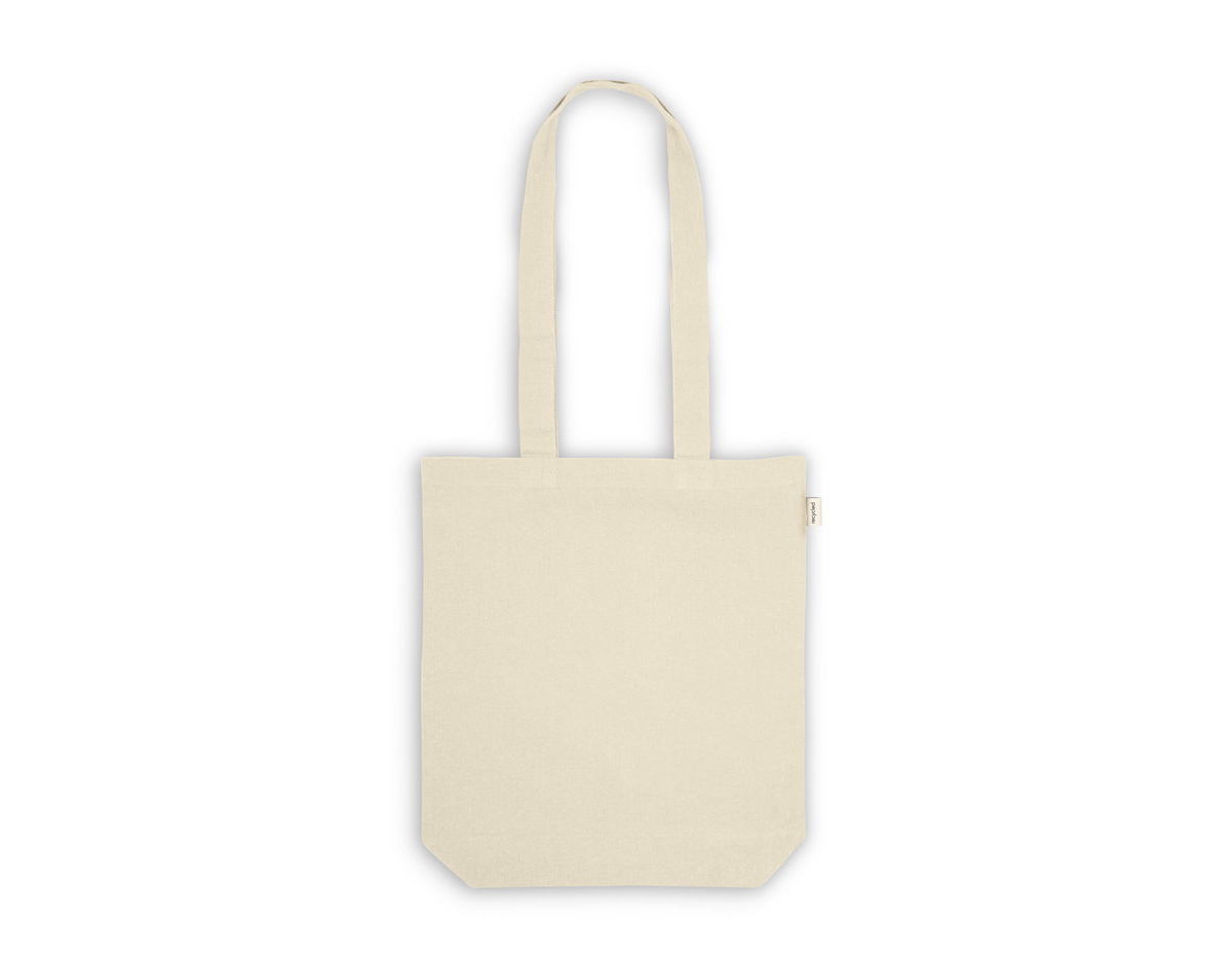 Sacola feita de 100% algodão reciclado (140 g/m²) com alças de 75 cm de comprimento. Dimensões: 380 x 420 x 100 mm. Ideal para uso diário, oferecendo durabilidade e sustentabilidade em um design funcional.