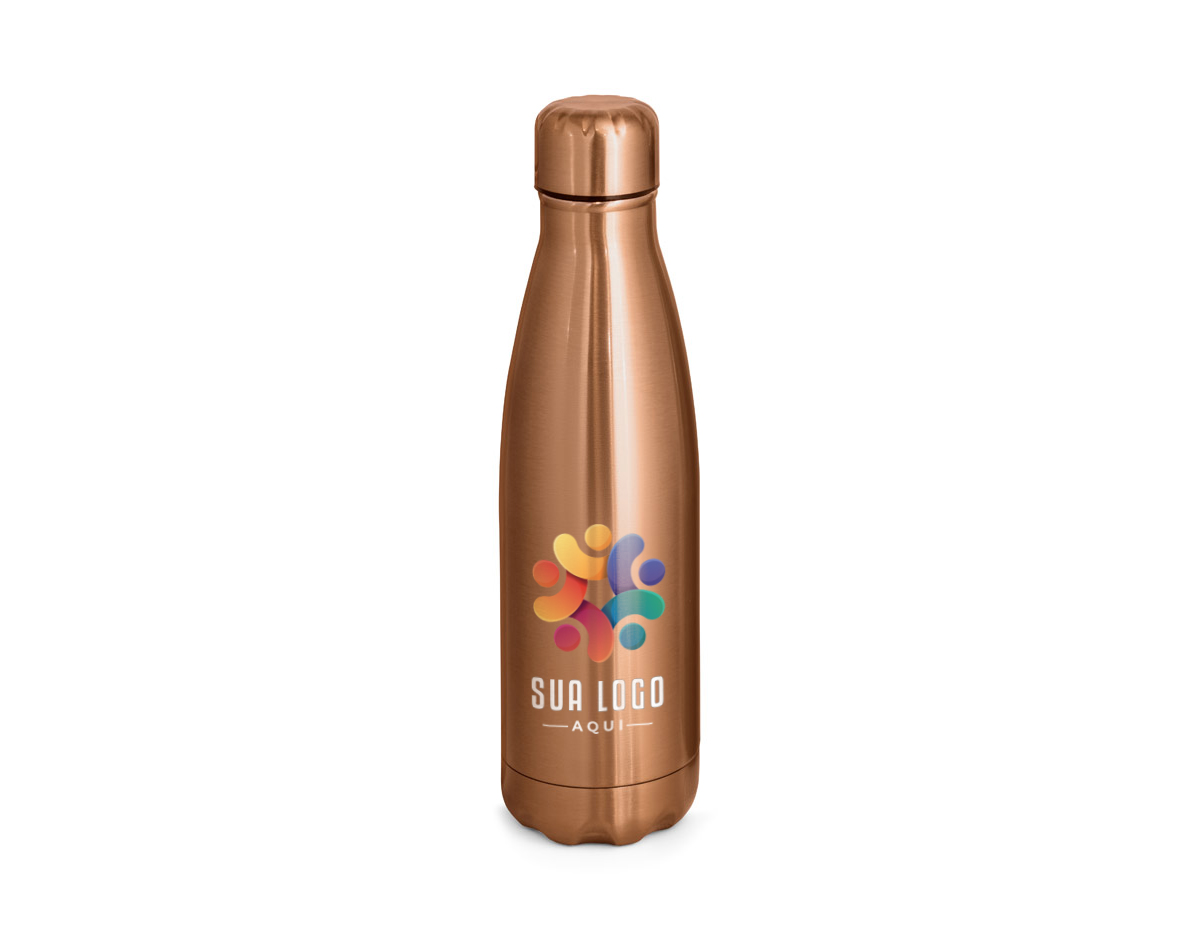 Garrafa em aço inox de parede dupla térmica, isolada a vácuo. Garrafa com acabamento metalizado e tampa em aço inox. Todas as componentes da garrafa - tampa, corpo e base - na mesma cor. Capacidade até 510 mL. Certificação EU Food Grade. ø70 x 255 mm