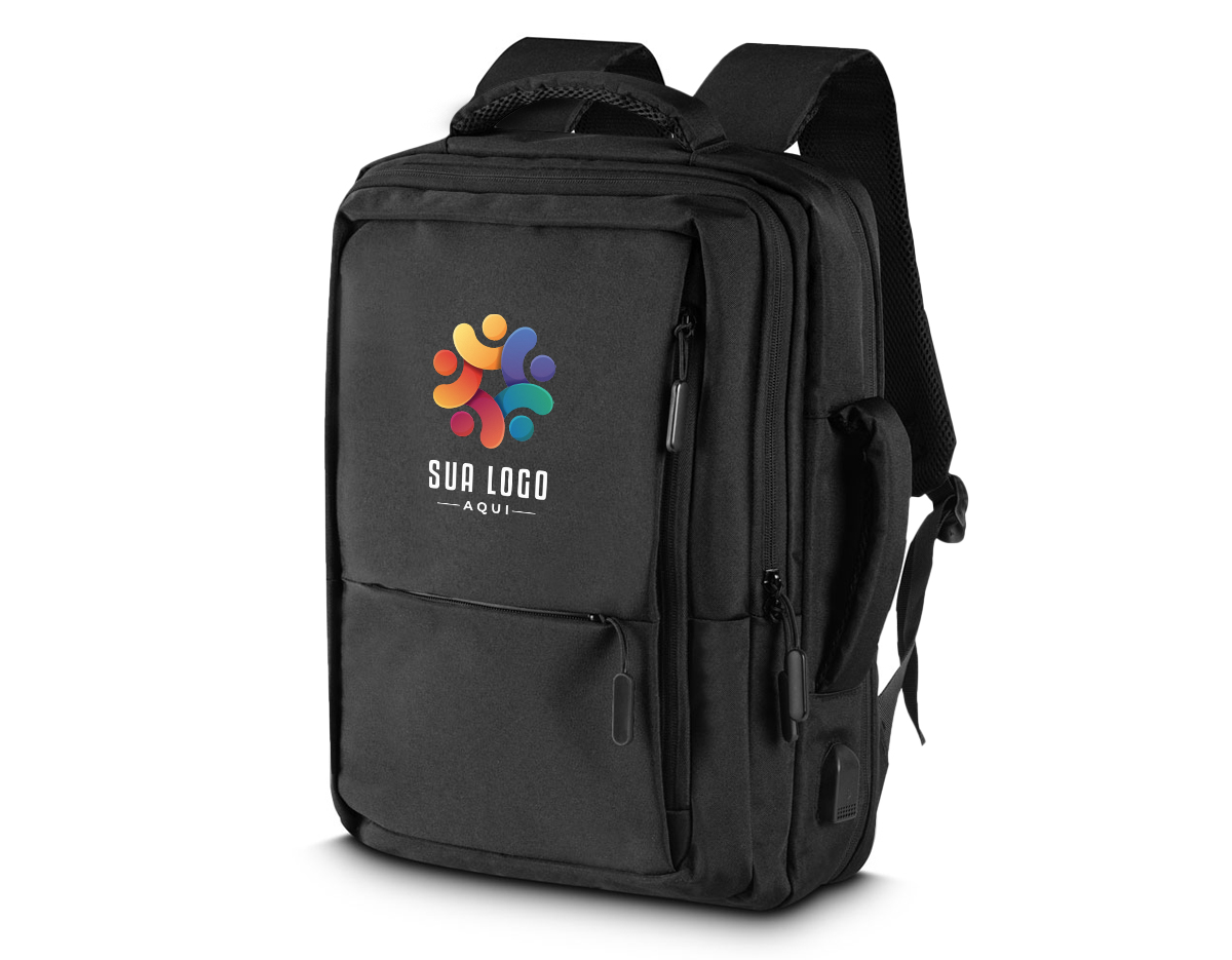 Mochila produzida em tecido de poliéster, alça de ombro e mão acolchoada,2 bolsos frontais e divisórias internas, aceita notebooks de até 15,6", porta USB na lateral da mochila, possui engate para mala de viagem.