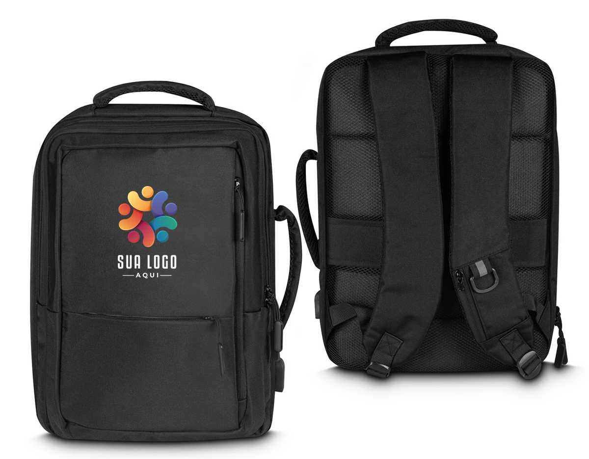 Mochila produzida em tecido de poliéster, alça de ombro e mão acolchoada,2 bolsos frontais e divisórias internas, aceita notebooks de até 15,6", porta USB na lateral da mochila, possui engate para mala de viagem.