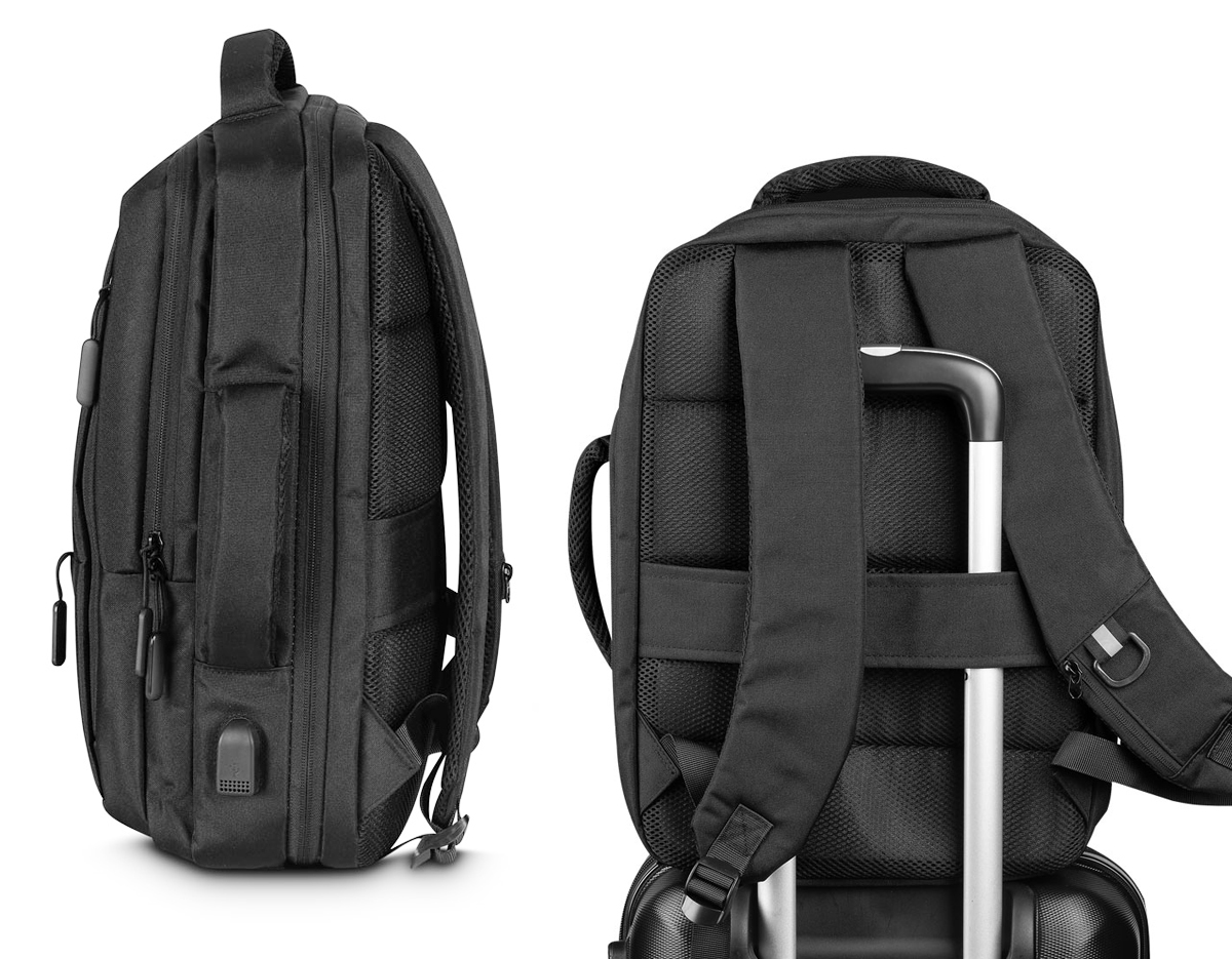 Mochila produzida em tecido de poliéster, alça de ombro e mão acolchoada,2 bolsos frontais e divisórias internas, aceita notebooks de até 15,6", porta USB na lateral da mochila, possui engate para mala de viagem.
