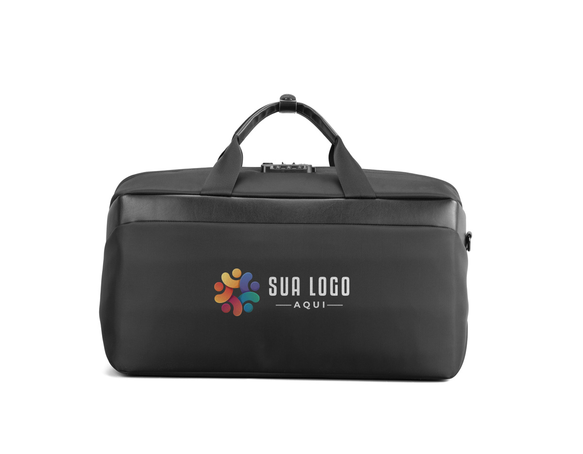 Mala executiva em poliéster, compartimento interno com zíper,  alça de ombro e mão, entrada usb, cadeado com senha/segredo, cadeado tipo TSA e compartimento para notebook de até 15,6".