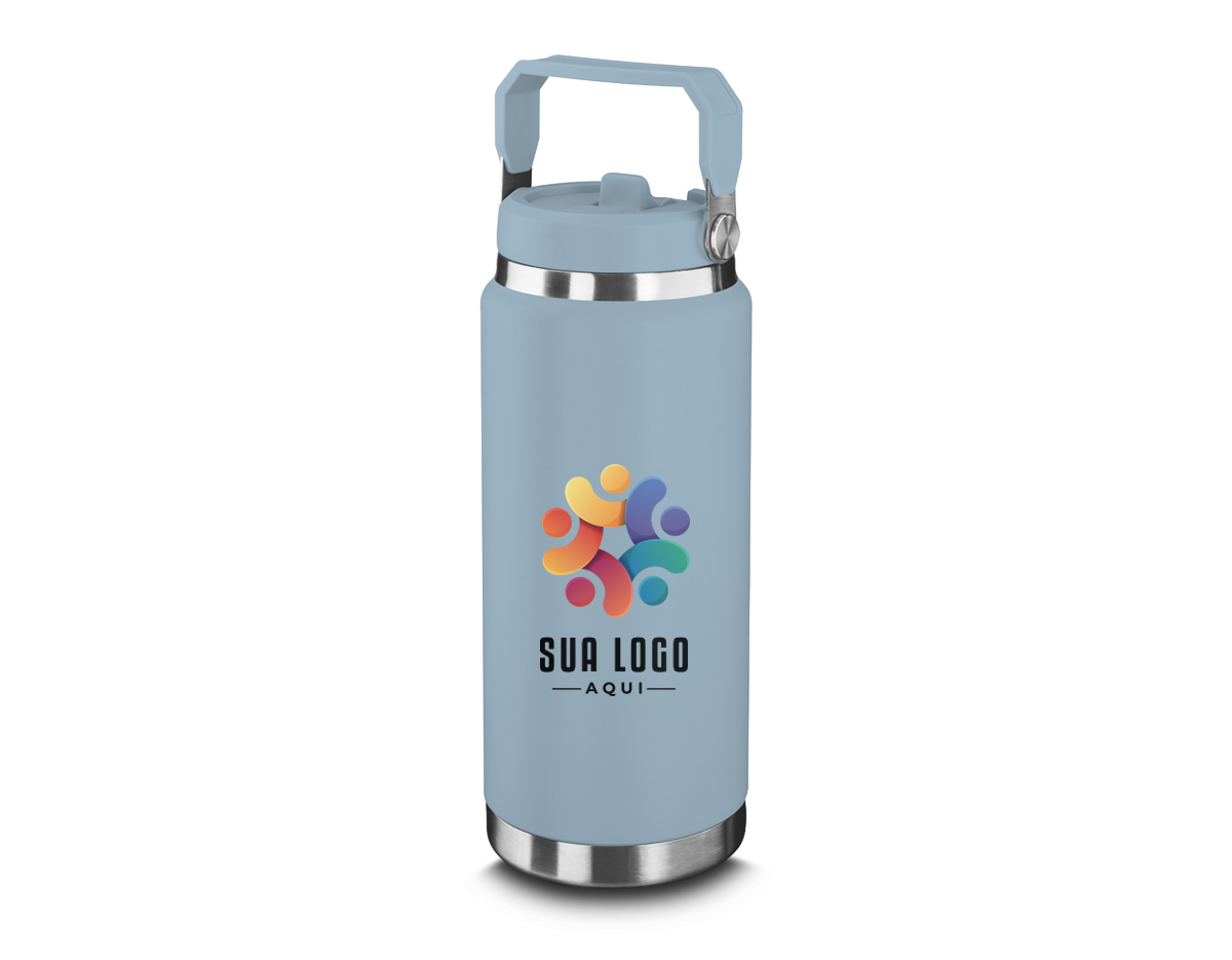 Garrafa térmica em aço inox com parede dupla com capacidade de até 900ml,tampa rosqueável com alça em plástico, permite-se hidratar por canudo ou bico,com e anel de silicone para vedação.