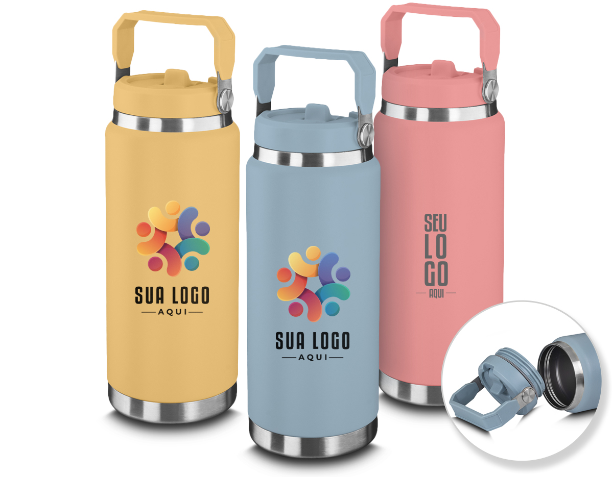 Garrafa térmica em aço inox com parede dupla com capacidade de até 900ml,tampa rosqueável com alça em plástico, permite-se hidratar por canudo ou bico,com e anel de silicone para vedação.
