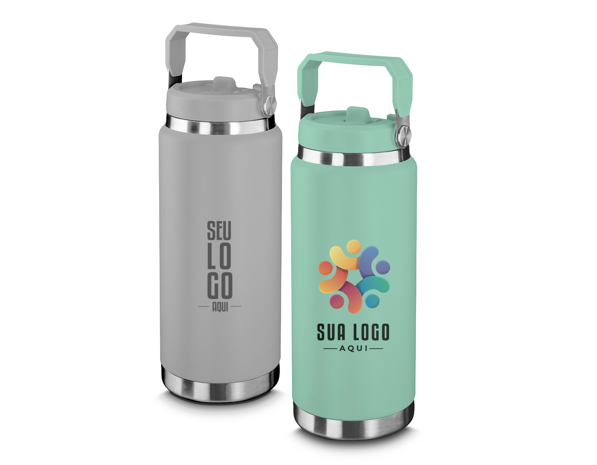 Garrafa térmica em aço inox com parede dupla com capacidade de até 900ml,tampa rosqueável com alça em plástico, permite-se hidratar por canudo ou bico,com e anel de silicone para vedação.