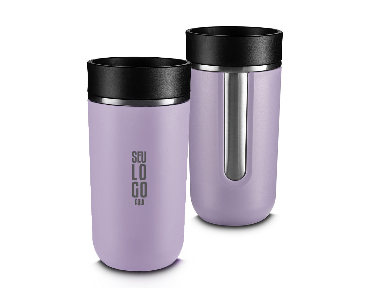 Copo térmico com parede dupla em aço inox e detalhe em plástico,capacidade de 400ml, tampa plástica com sistema antivazamento e botão para habilitar o fluxo de líquido.