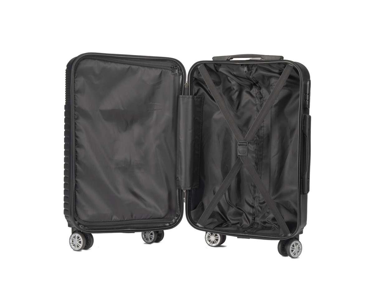 Mala de viagem em ABS; Abertura frontal com ziper para acesso ao interior da mala; Cadeado com senha/segredo; Sistema de carrinho de aço; Alça de mão na parte superior; Acompanha Plaquinha sem personalização.