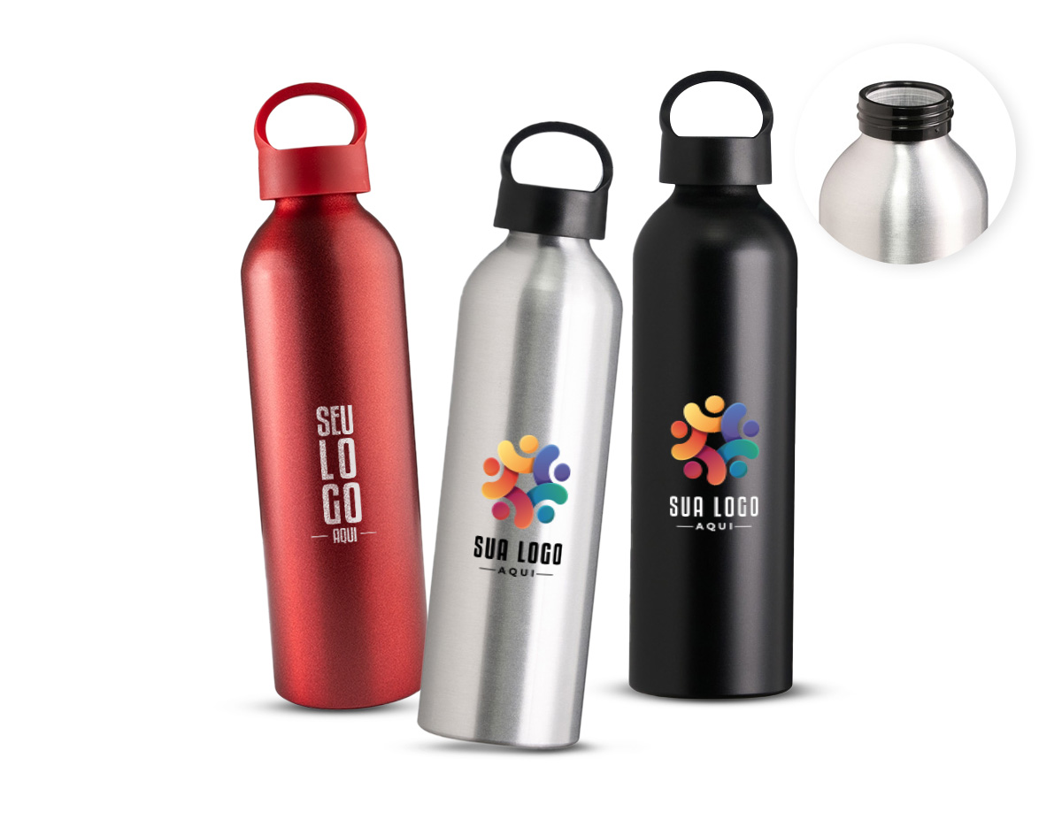 Garrafa de alumínio com capacidade de 630ml. Conta com uma tampa plástica rosqueável e alça integrada, facilitando o transporte. Ideal para uso diário e atividades ao ar livre.