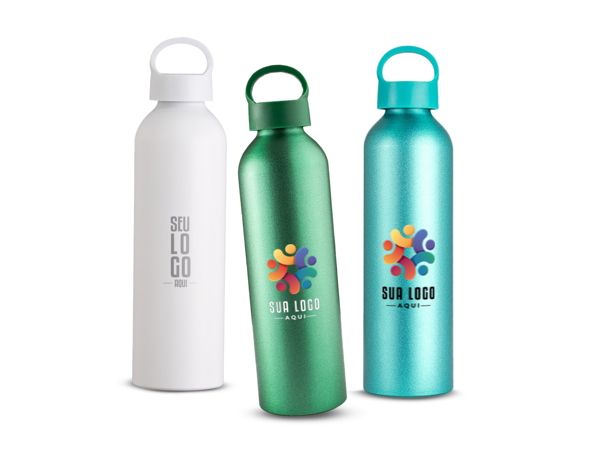 Garrafa de alumínio com capacidade de 630ml. Conta com uma tampa plástica rosqueável e alça integrada, facilitando o transporte. Ideal para uso diário e atividades ao ar livre.