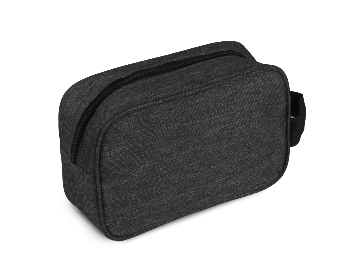 Nécessaire em tecido poliéster, resistente e leve. Possui alça de mão para fácil transporte e um bolso externo com zíper, proporcionando mais praticidade para organizar pequenos itens. Ideal para o uso diário ou em viagens, é funcional e durável.