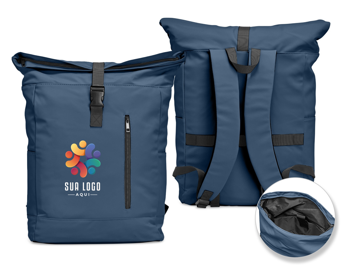 Mochila de couro sintético de 45 litros resistente à água. Possui dois compartimentos, sendo o principal com bolso para notebook de 15,6 polegadas, bolso interno com velcro, dois bolsos laterais, fechamento da mochila por zíper, cinto com velcro e engate para mala de viagem.