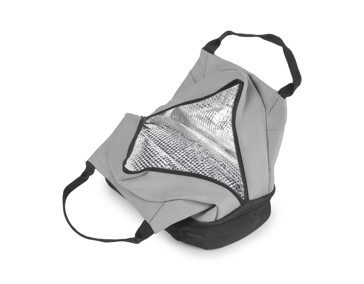 Bolsa térmica feita em tecido PET reciclado, possui dois compartimentos térmicos para manter a temperatura dos alimentos. Conta com um bolso frontal prático e alça de mão, ideal para transporte diário.
