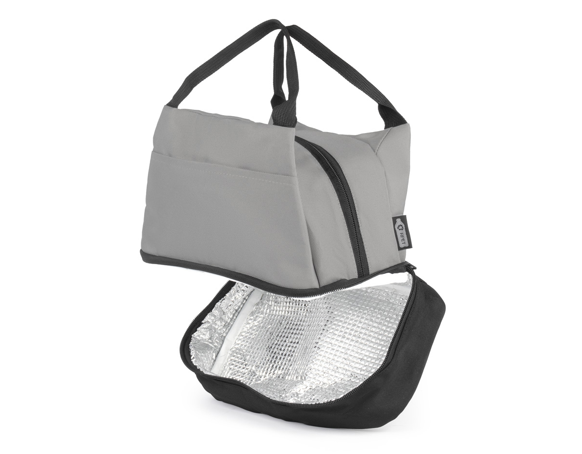 Bolsa térmica feita em tecido PET reciclado, possui dois compartimentos térmicos para manter a temperatura dos alimentos. Conta com um bolso frontal prático e alça de mão, ideal para transporte diário.
