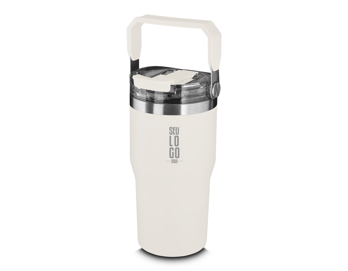 Garrafa térmica em aço inox com parede dupla com capacidade de até 650ml,tampa rosqueável com alça em plástico, permite-se hidratar por canudo ou bico, com anel de silicone para vedação.