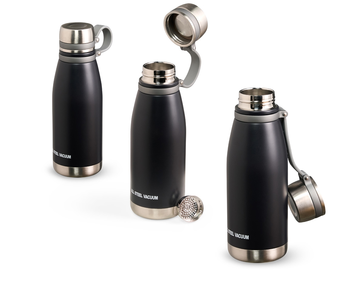 Garrafa térmica com infusor de bebidas, fabricada em aço inoxidável 316, garantindo durabilidade e resistência à corrosão. Possui capacidade de 650ml, ideal para transportar chás, cafés ou infusões. A tampa é equipada com uma alça de silicone, facilitando o transporte.