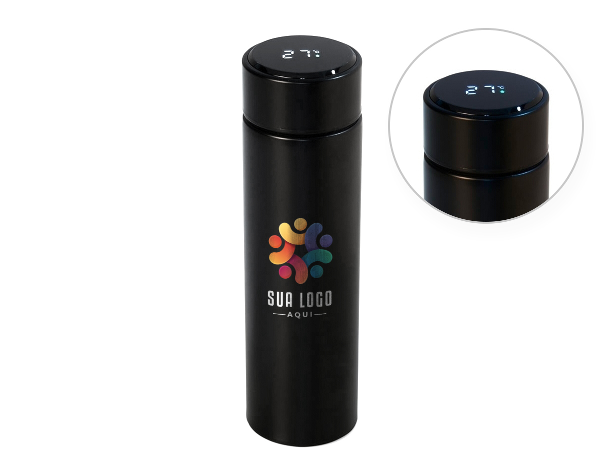 Garrafa térmica de parede dupla, fabricada em aço inoxidável, com capacidade de 400ml, ideal para manter a temperatura das bebidas por mais tempo. A tampa conta com um display touch screen em LED que exibe a temperatura interna. Acompanha infusor de bebidas, perfeito para chás ou outras infusões.