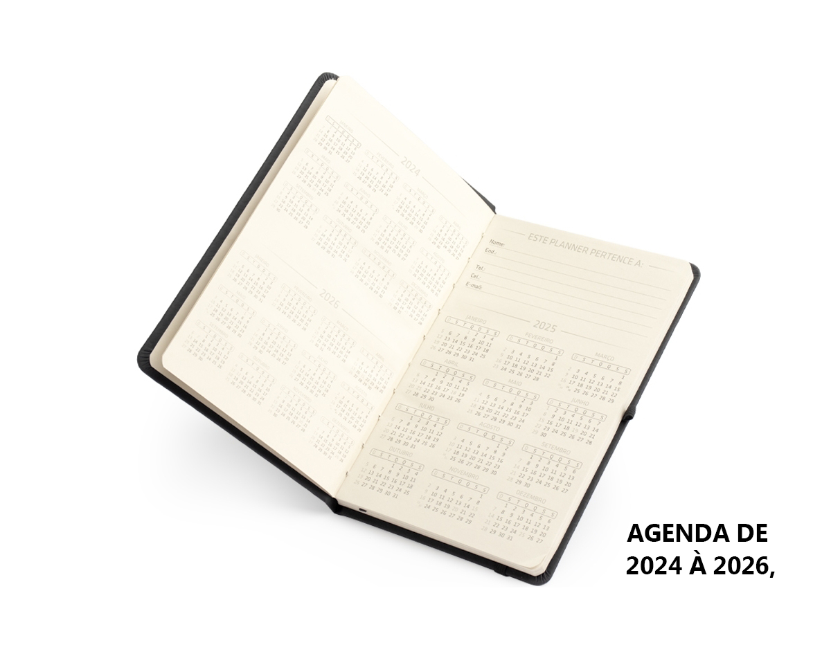  Feito para planejar atividades com antecedência, nosso Planner 2025 é eficiente para auxiliar no alcance de metas e objetivos. Com capa cromato e elástico para fechamento, além de marcador de página em cetim e suporte para caneta, nosso planner oferece calendários mensais e semanais, agenda de 2024 à 2026, proporcionando uma visão clara e detalhada dos compromissos.