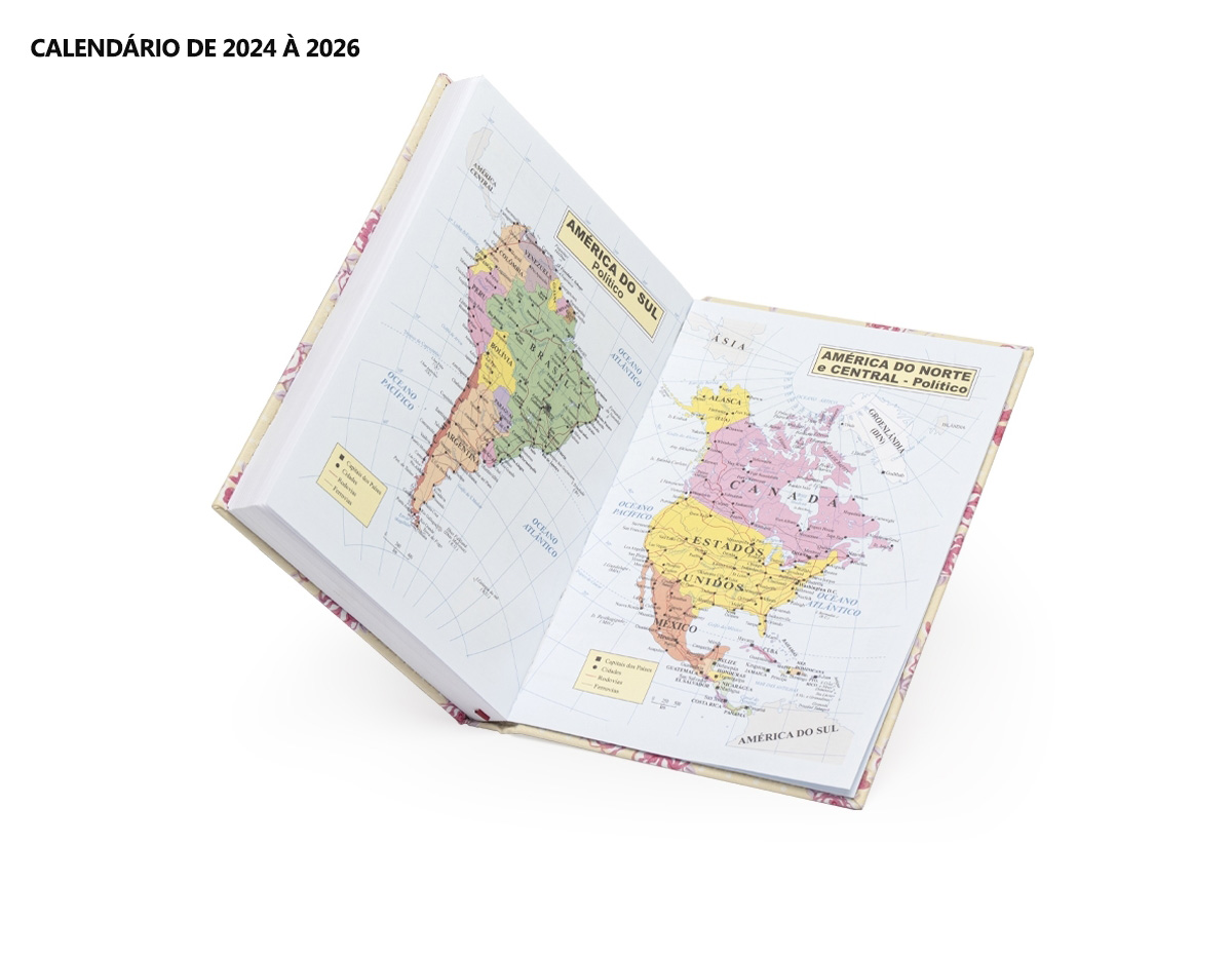  Inicie o ano com organização absoluta com a nossa agenda floral em couro sintético. Esta agenda clássica floral, oferece uma variedade de recursos úteis, incluindo dados pessoais, calendários de 2024 a 2026, mapas, números de telefone essenciais, fita de cetim para marcar páginas favoritas, espaço para planejamentos e aniversariantes, além de códigos de serviços DDD e DDI para facilitar comunicações globais.