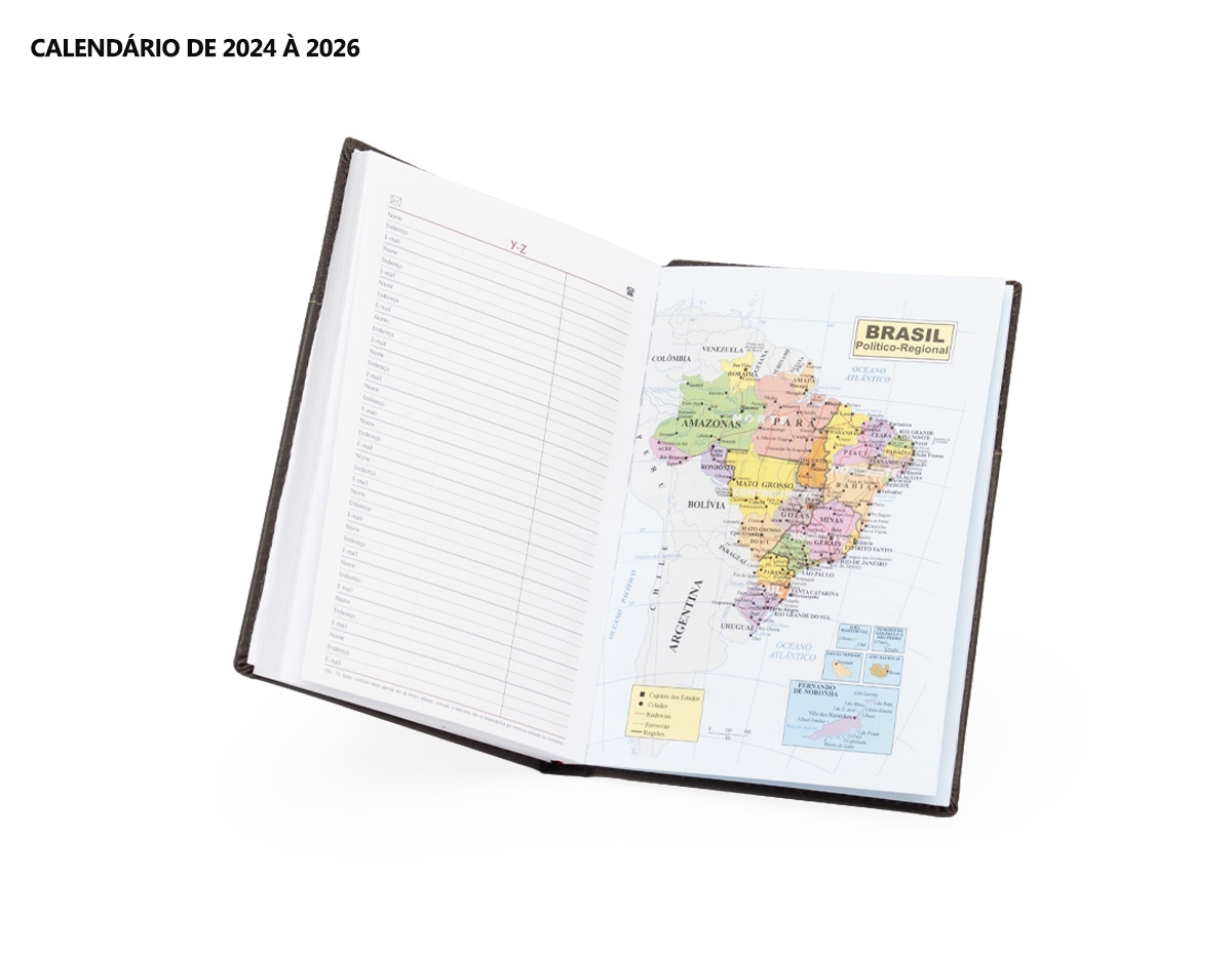 Agenda diária 2025 de couro sintético com porta acessório. Contém fita de cetim marca página, dados pessoais, calendário de 2024 à 2026, mapas, telefone Úteis e planejamento.