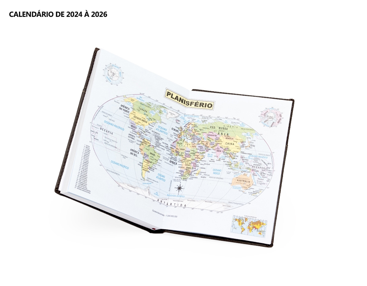 Agenda diária 2025 de couro sintético com porta acessório. Contém fita de cetim marca página, dados pessoais, calendário de 2024 à 2026, mapas, telefone Úteis e planejamento.